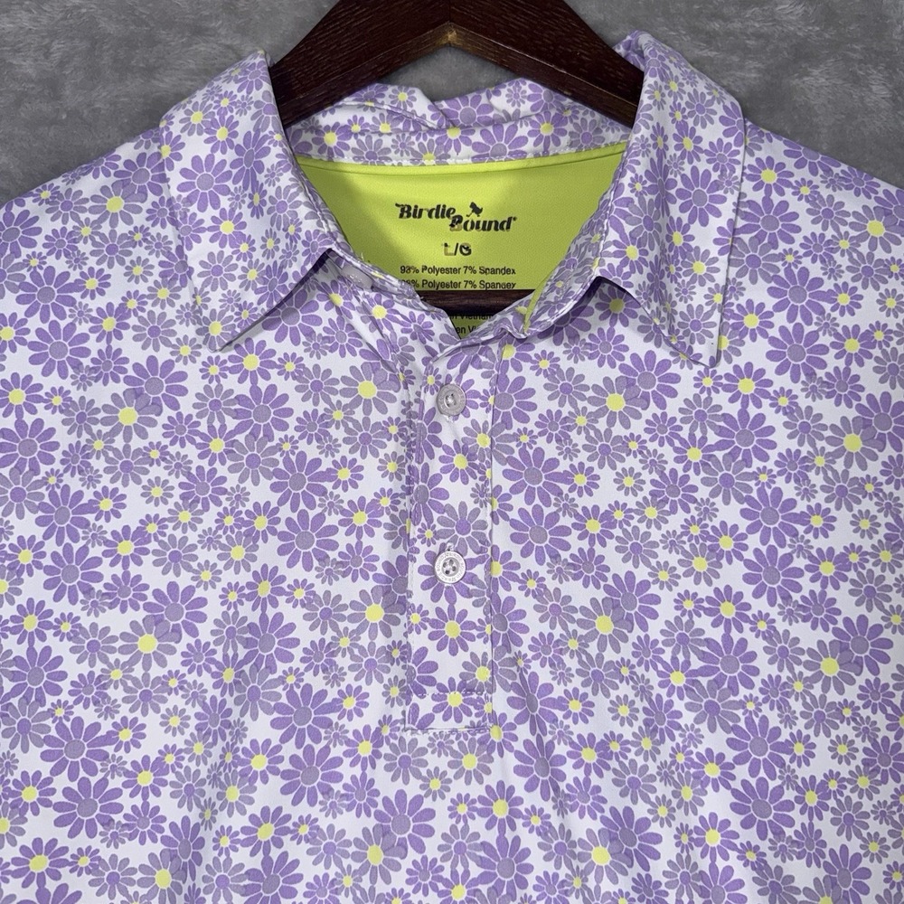 Birdie Bound Performance Polo Shirt Mens Large Purple Daisy Spring Stretch Golf